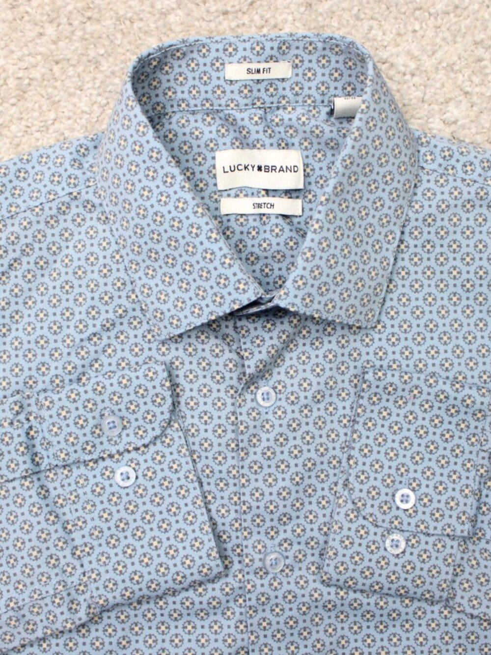 Lucky Brand Shirt Mens Medium Blue Geometric Slim Fit Stretch Long Sleeve Button